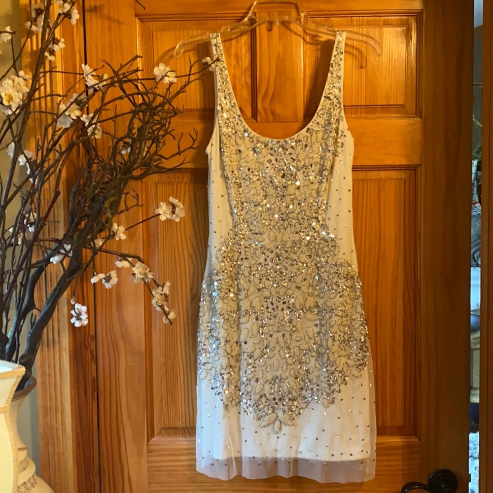 Midi white evening dress with beading and crystals